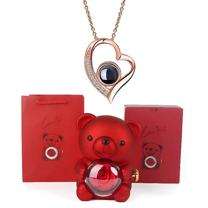 ❤️ Personalisierte Foto Projektions Halskette mit eigenem Bild – Herz Anhänger aus Edelstahl mit Bären Rosen Geschenkbox für Damen