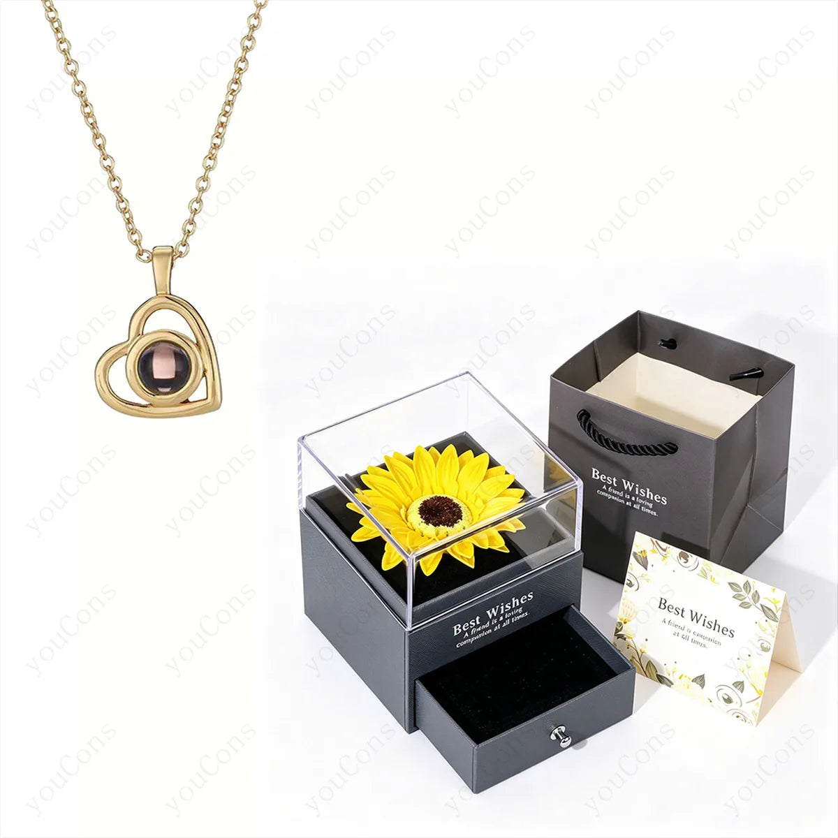❤️ Personalisierte Foto Projektions Halskette mit eigenem Bild – Edelstahl Anhänger mit Sonnenblumen Geschenkbox für Damen