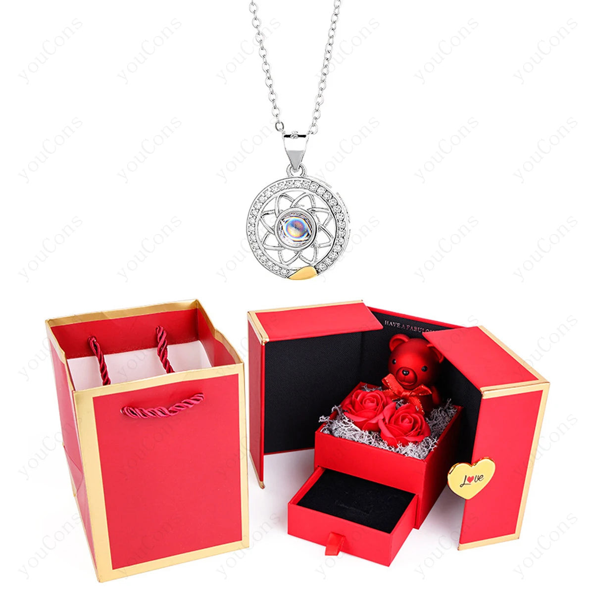 ❤️ Personalisierte Foto Projektions Halskette mit eigenem Bild – Herz Anhänger aus Edelstahl mit Bärchen Rosen Geschenkbox für Damen