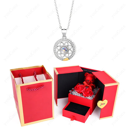 ❤️ Personalisierte Foto Projektions Halskette mit eigenem Bild – Herz Anhänger aus Edelstahl mit Bärchen Rosen Geschenkbox für Damen