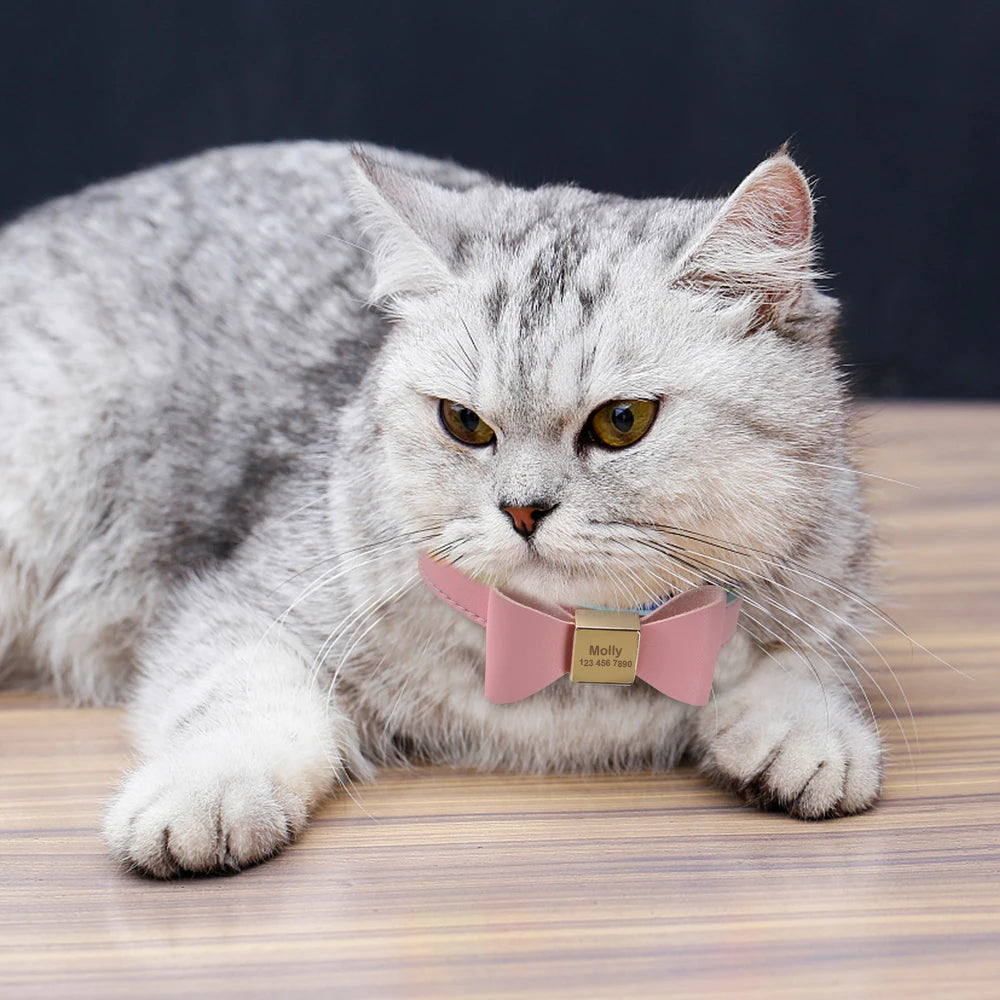 🎀 Personalisiertes Hundehalsband aus PU-Leder mit Schleife & Namensgravur