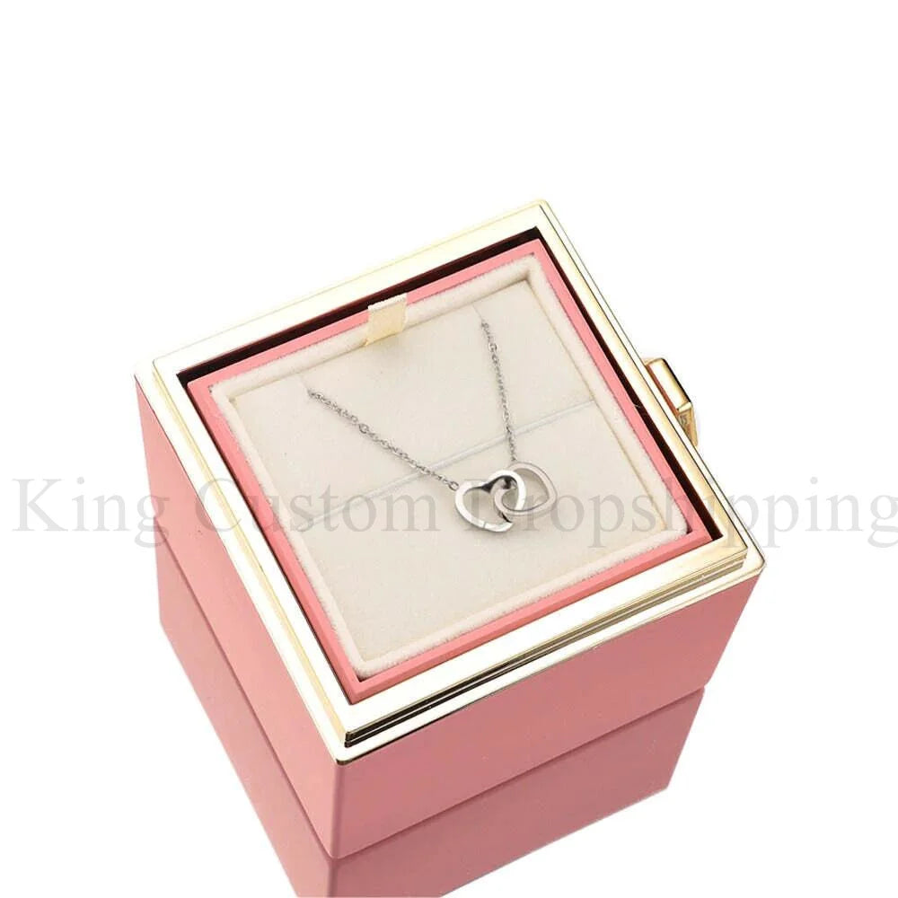 🌹 Ewige Rose mit personalisierter Namenskette – Doppelherz Geschenkbox mit Drehfunktion