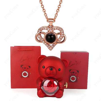 ❤️ Personalisierte Foto Projektions Halskette mit eigenem Bild – Herz Anhänger aus Edelstahl mit Bären Rosen Geschenkbox für Damen