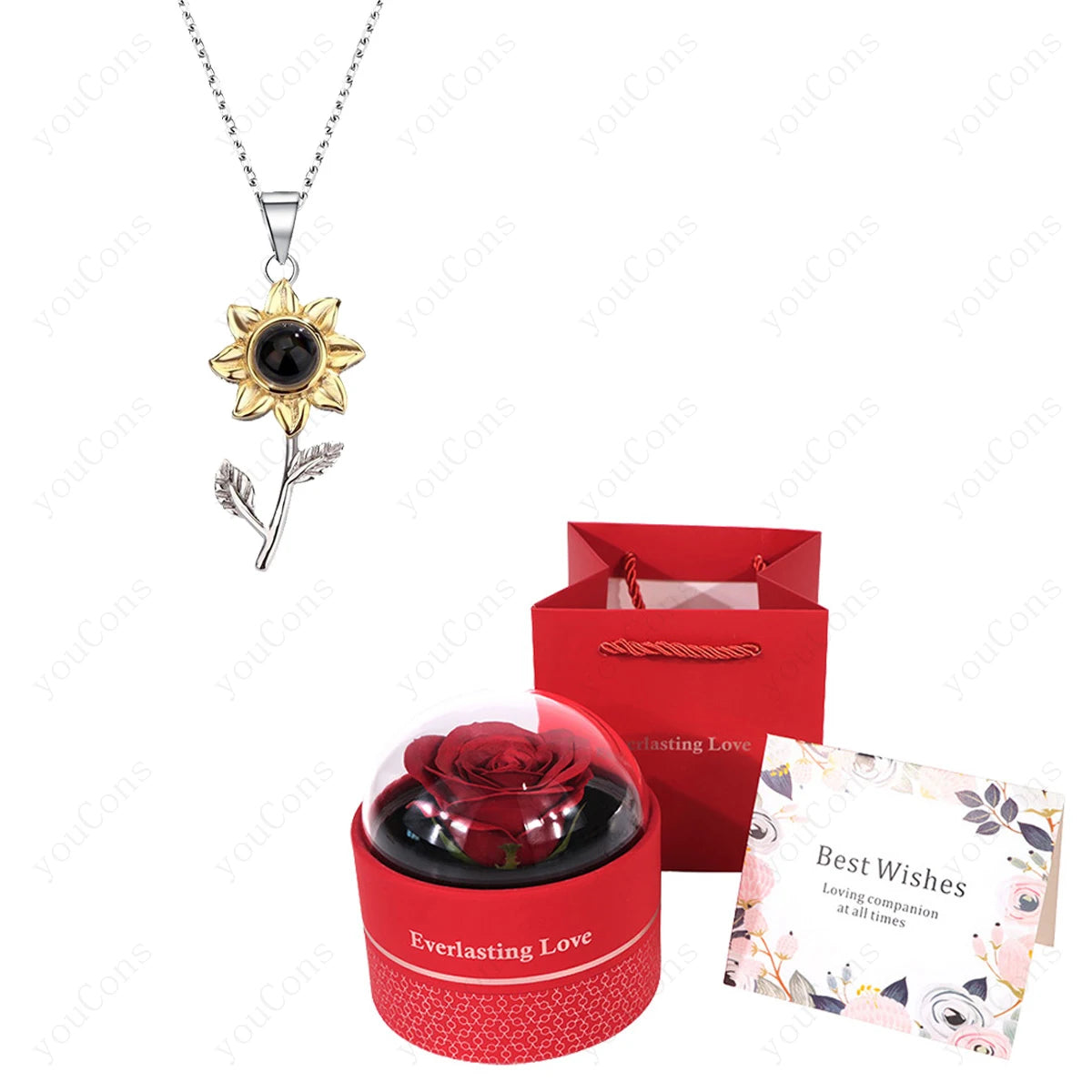 ❤️ Personalisierte Foto Projektions Halskette mit eigenem Bild – Edelstahl Halskette mit luxuriöser roter Rosen Geschenkbox für Damen