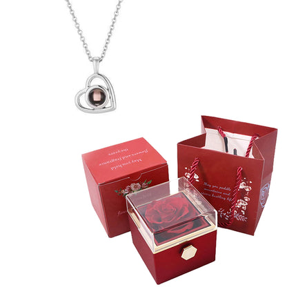❤️ Personalisierte Foto Projektions Halskette mit rotierender Rosen Geschenkbox – Herz Anhänger aus Edelstahl mit eigenem Bild für Damen