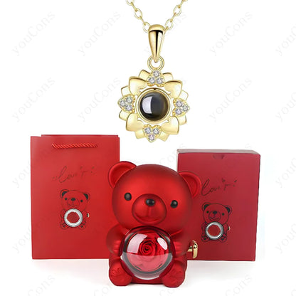 ❤️ Personalisierte Foto Projektions Halskette mit eigenem Bild – Herz Anhänger aus Edelstahl mit Bären Rosen Geschenkbox für Damen