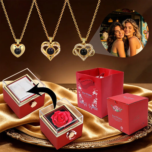 ❤️ Personalisierte Foto Projektions Halskette mit eigenem Bild – Herz Anhänger aus Edelstahl mit rotierender Rosen Geschenkbox für Damen