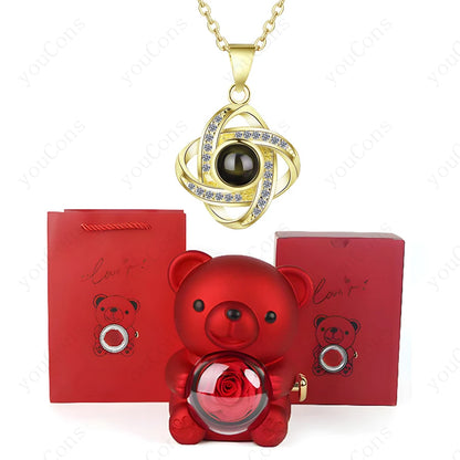❤️ Personalisierte Foto Projektions Halskette mit eigenem Bild – Herz Anhänger aus Edelstahl mit Bären Rosen Geschenkbox für Damen
