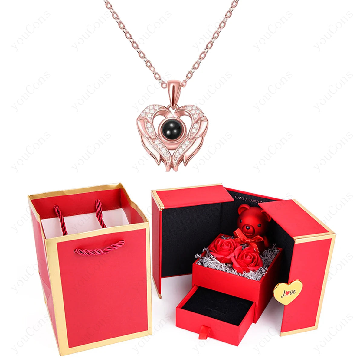❤️ Personalisierte Foto Projektions Halskette mit eigenem Bild – Herz Anhänger aus Edelstahl mit Bärchen Rosen Geschenkbox für Damen