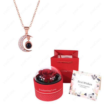 ❤️ Personalisierte Foto Projektions Halskette mit eigenem Bild – Edelstahl Halskette mit luxuriöser roter Rosen Geschenkbox für Damen