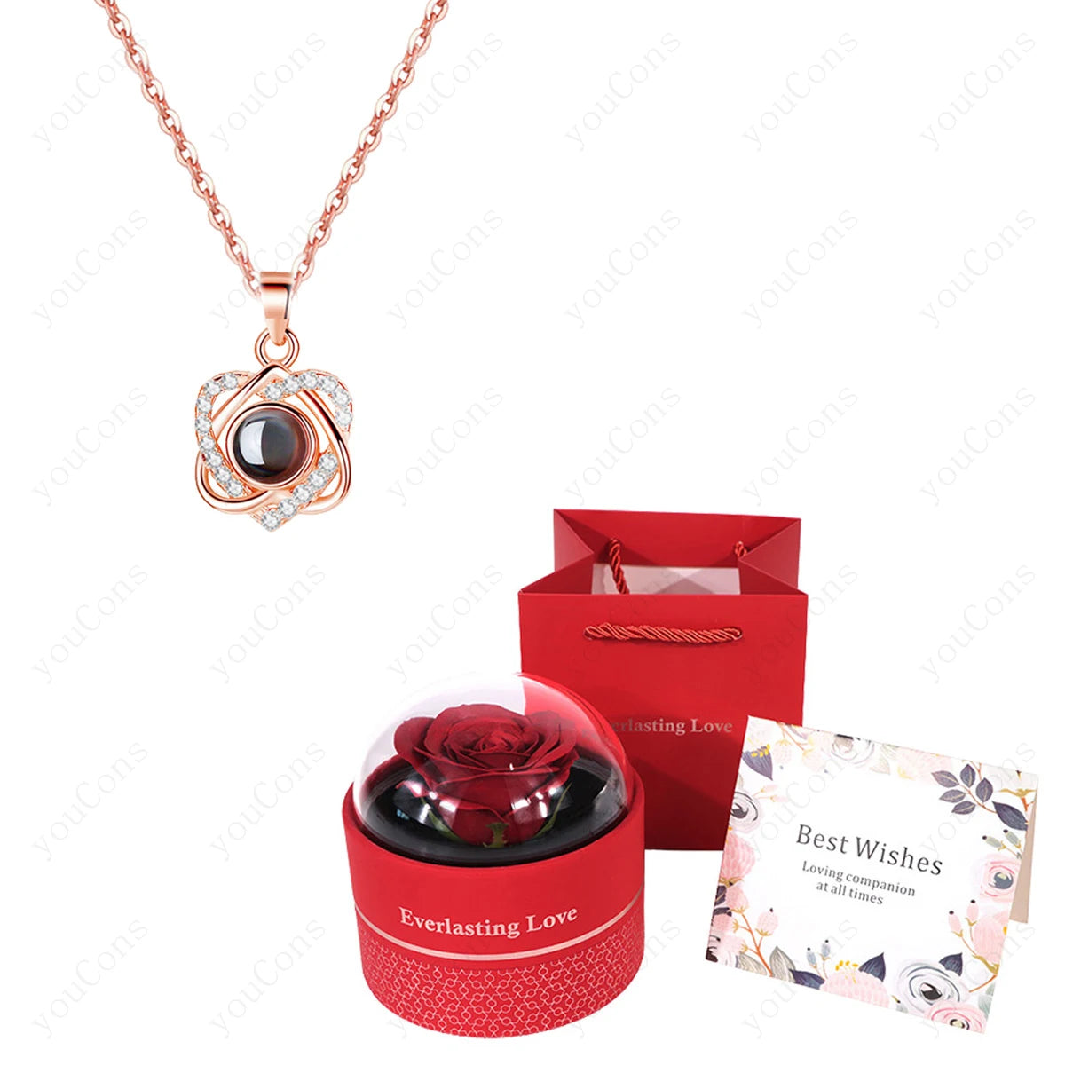 ❤️ Personalisierte Foto Projektions Halskette mit eigenem Bild – Edelstahl Halskette mit luxuriöser roter Rosen Geschenkbox für Damen