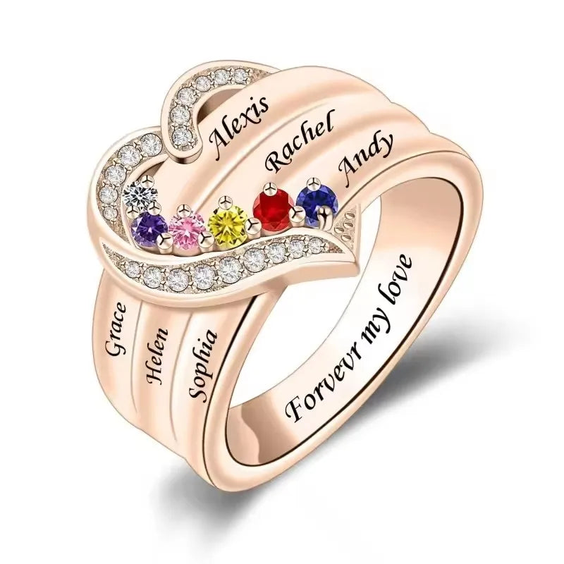 💍 Personalisierter Geburtsstein Ring mit Namen – 💎 Individueller Familienring mit Herz & Zirkonia – 🎁 Personalisiertes Geschenk für Frauen
