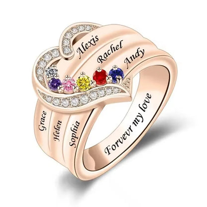 💍 Personalisierter Geburtsstein Ring mit Namen – 💎 Individueller Familienring mit Herz & Zirkonia – 🎁 Personalisiertes Geschenk für Frauen