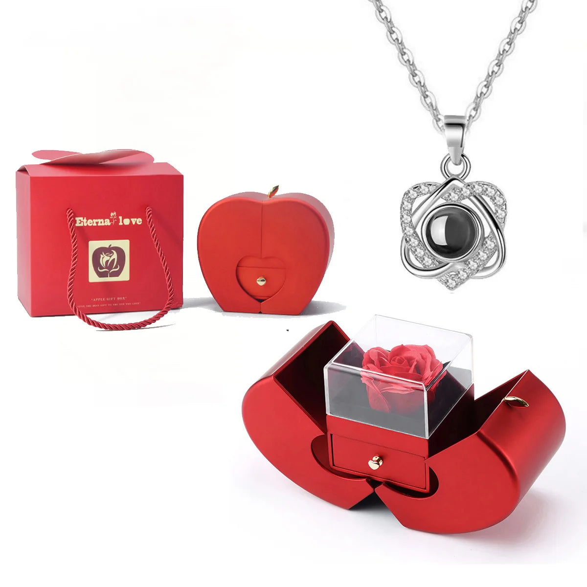 ❤️ Personalisierte Foto Projektions Halskette mit eigenem Bild – Herz Anhänger aus Edelstahl mit Apfelrosen Geschenkbox für Damen & Haustiere