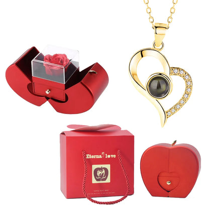 ❤️ Personalisierte Foto Projektions Halskette mit eigenem Bild – Herz Anhänger aus Edelstahl mit Apfelrosen Geschenkbox für Damen & Haustiere