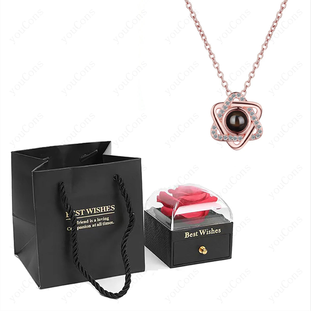 ❤️ Personalisierte Foto Projektions Halskette mit eigenem Bild – Herz Anhänger aus Edelstahl mit Rosen Geschenkbox für Damen