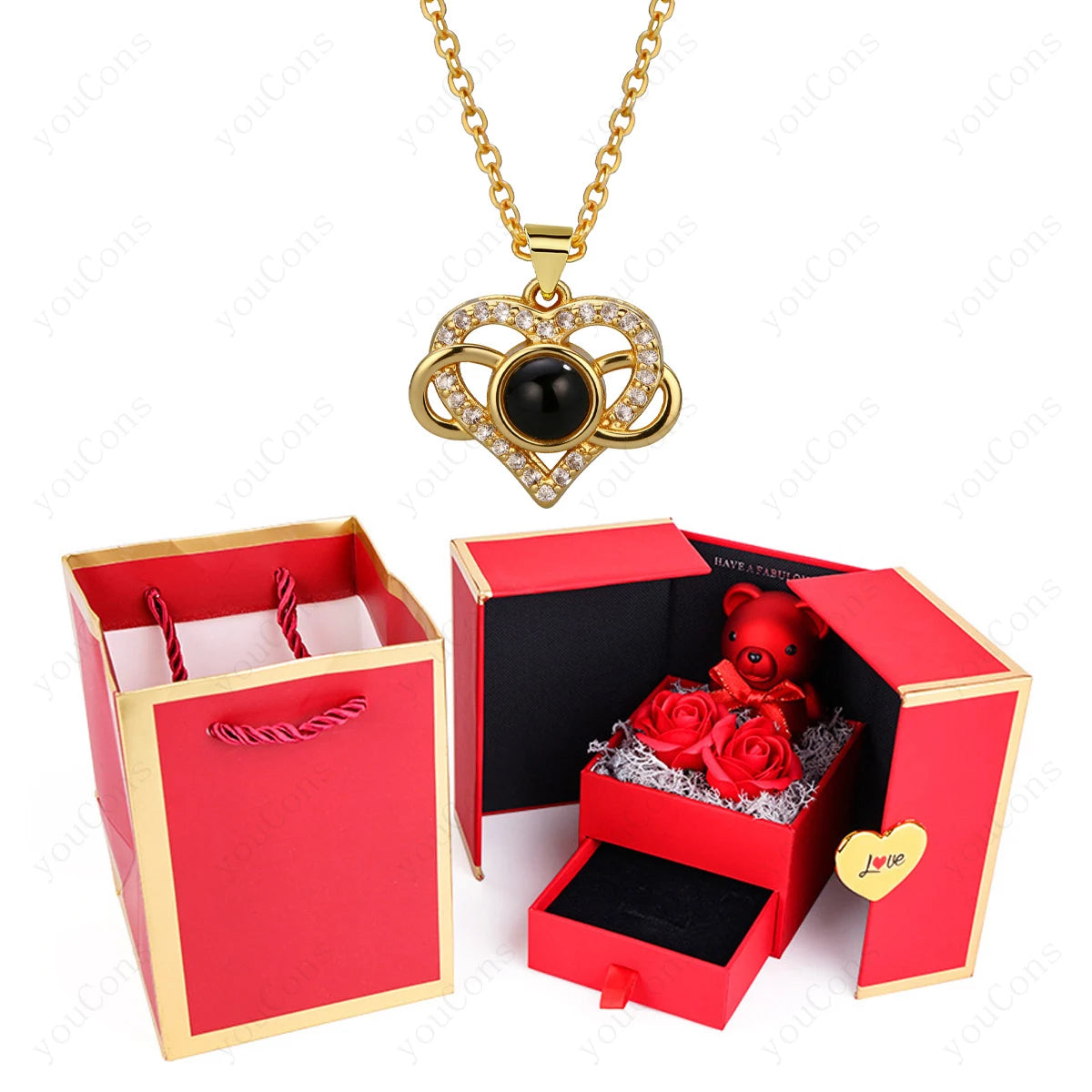 ❤️ Personalisierte Foto Projektions Halskette mit eigenem Bild – Herz Anhänger aus Edelstahl mit Bärchen Rosen Geschenkbox für Damen
