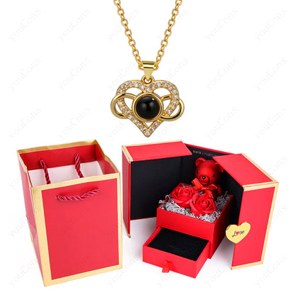 ❤️ Personalisierte Foto Projektions Halskette mit eigenem Bild – Herz Anhänger aus Edelstahl mit Bärchen Rosen Geschenkbox für Damen