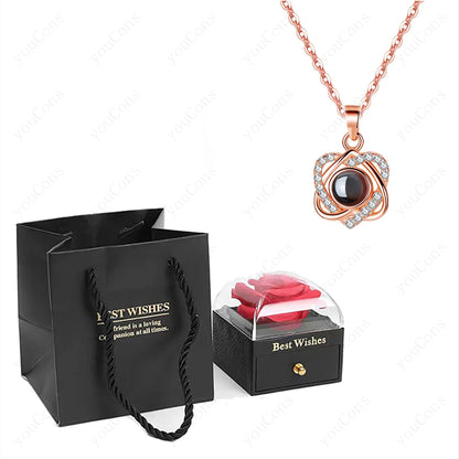 ❤️ Personalisierte Foto Projektions Halskette mit eigenem Bild – Herz Anhänger aus Edelstahl mit Rosen Geschenkbox für Damen