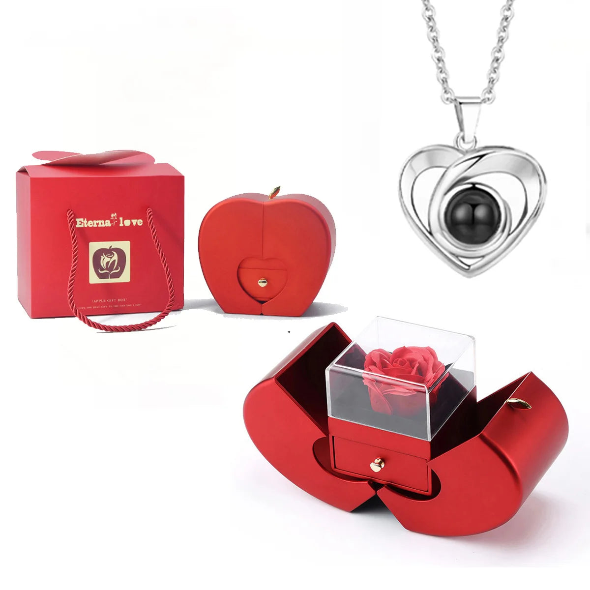 ❤️ Personalisierte Foto Projektions Halskette mit eigenem Bild – Herz Anhänger aus Edelstahl mit Apfelrosen Geschenkbox für Damen & Haustiere