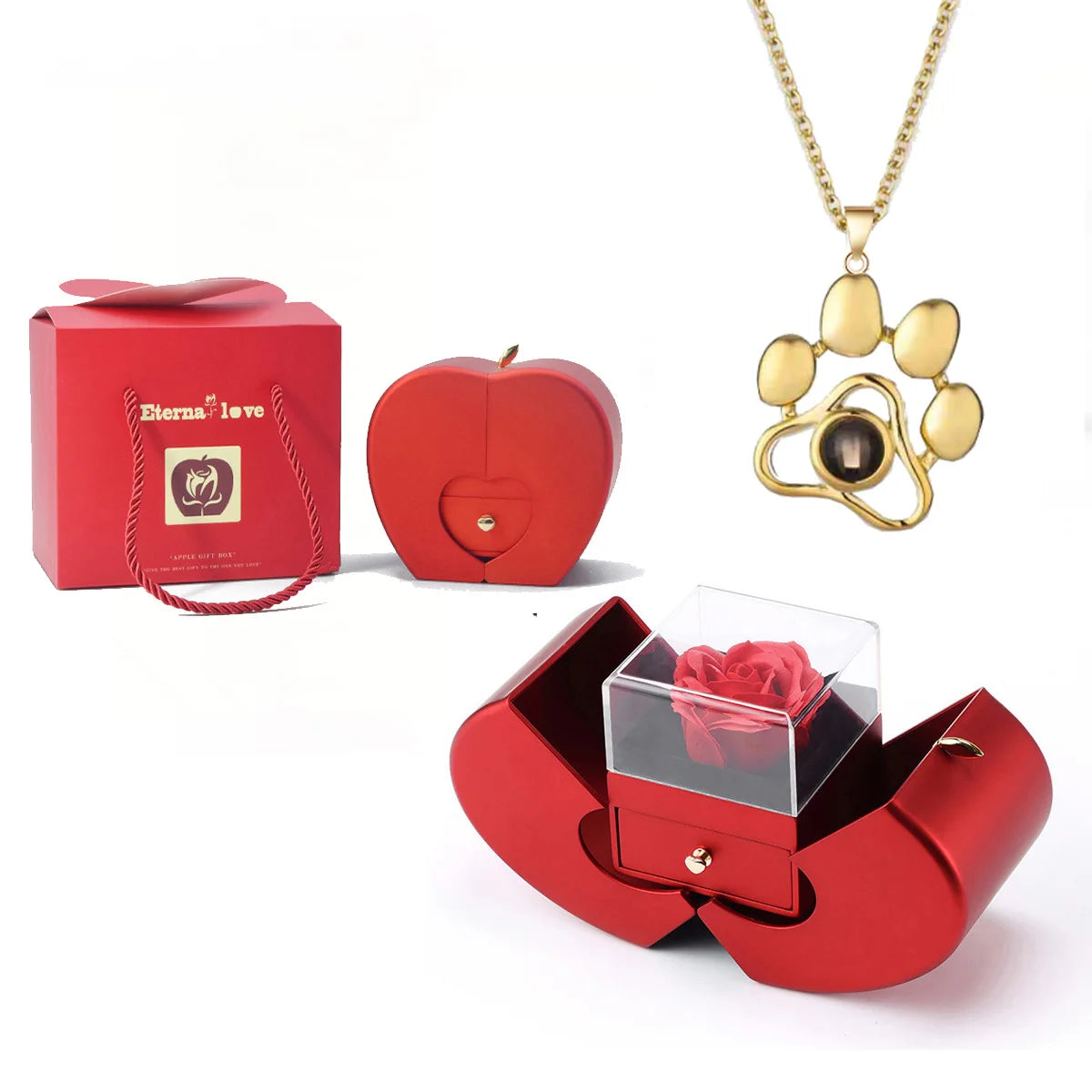 ❤️ Personalisierte Foto Projektions Halskette mit eigenem Bild – Herz Anhänger aus Edelstahl mit Apfelrosen Geschenkbox für Damen & Haustiere