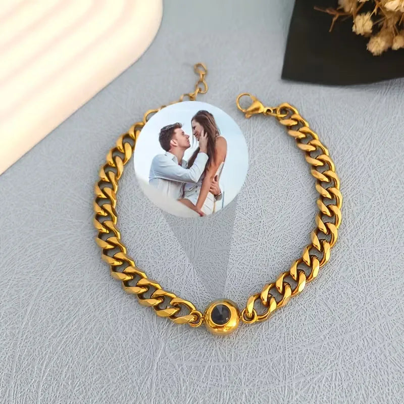❤️ Personalisiertes Foto-Projektionsarmband mit kubanischer Edelstahlkette – Individuelles Herrenarmband mit Bild