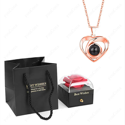 ❤️ Personalisierte Foto Projektions Halskette mit eigenem Bild – Herz Anhänger aus Edelstahl mit Rosen Geschenkbox für Damen