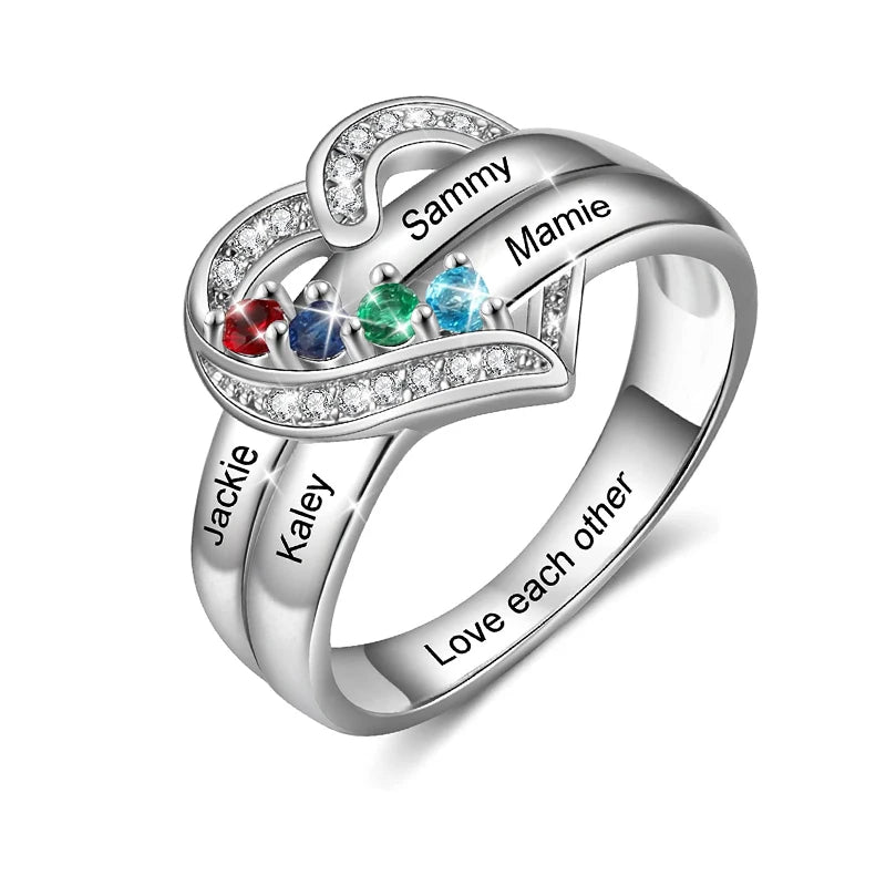 💍 Personalisierter Geburtsstein Ring mit Namen – 💎 Individueller Familienring mit Herz & Zirkonia – 🎁 Personalisiertes Geschenk für Frauen