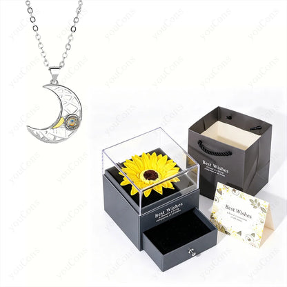 ❤️ Personalisierte Foto Projektions Halskette mit eigenem Bild – Edelstahl Anhänger mit Sonnenblumen Geschenkbox für Damen