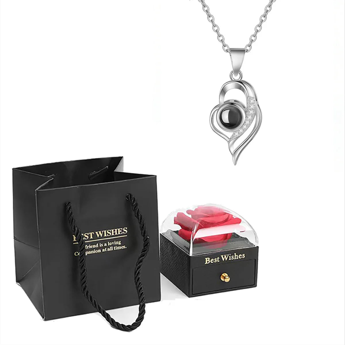 ❤️ Personalisierte Foto Projektions Halskette mit eigenem Bild – Herz Anhänger aus Edelstahl mit schwarzer Rosen Geschenkbox für Damen