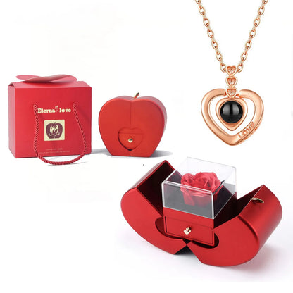 ❤️ Personalisierte Foto Projektions Halskette mit eigenem Bild – Herz Anhänger aus Edelstahl mit Apfelrosen Geschenkbox für Damen & Haustiere