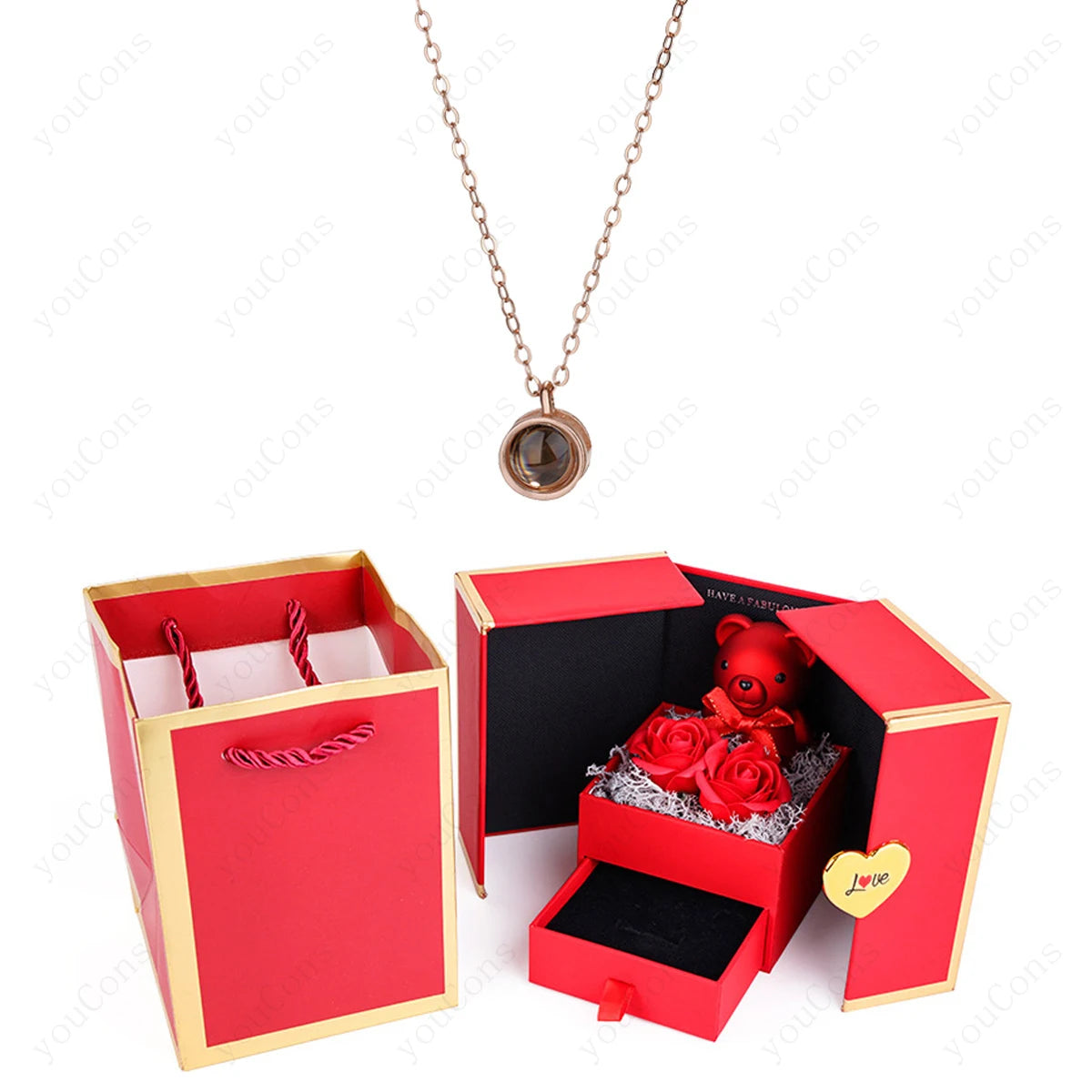 ❤️ Personalisierte Foto Projektions Halskette mit eigenem Bild – Herz Anhänger aus Edelstahl mit Bärchen Rosen Geschenkbox für Damen