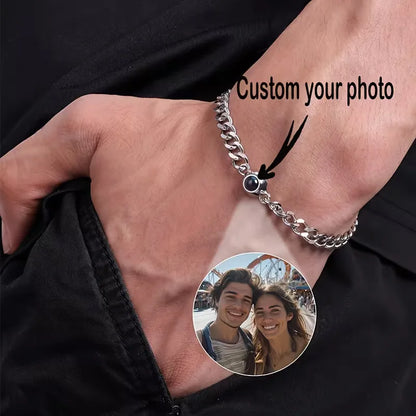 ❤️ Personalisiertes Foto-Projektionsarmband mit kubanischer Edelstahlkette – Individuelles Herrenarmband mit Bild