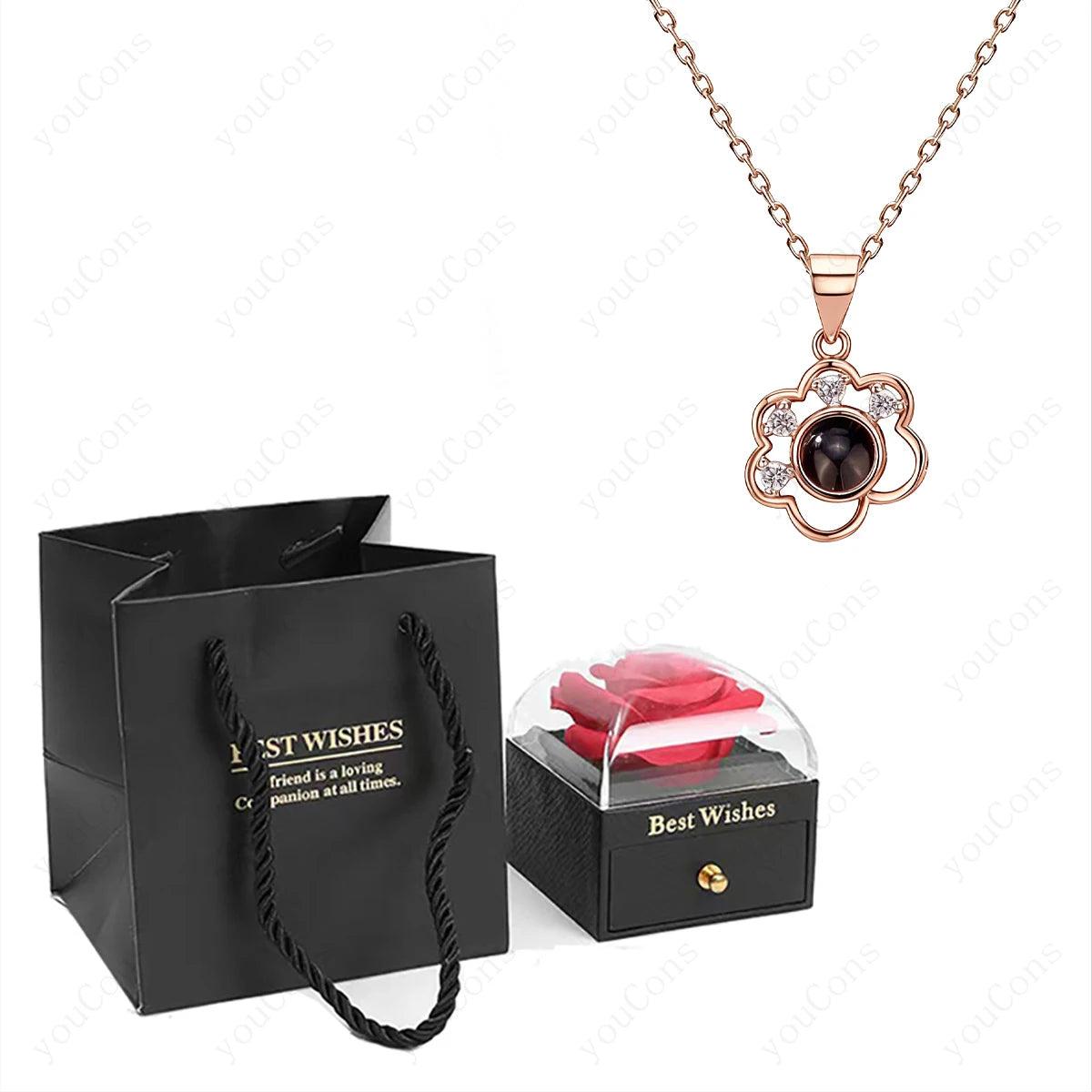 ❤️ Personalisierte Foto Projektions Halskette mit eigenem Bild – Herz Anhänger aus Edelstahl mit Rosen Geschenkbox für Damen