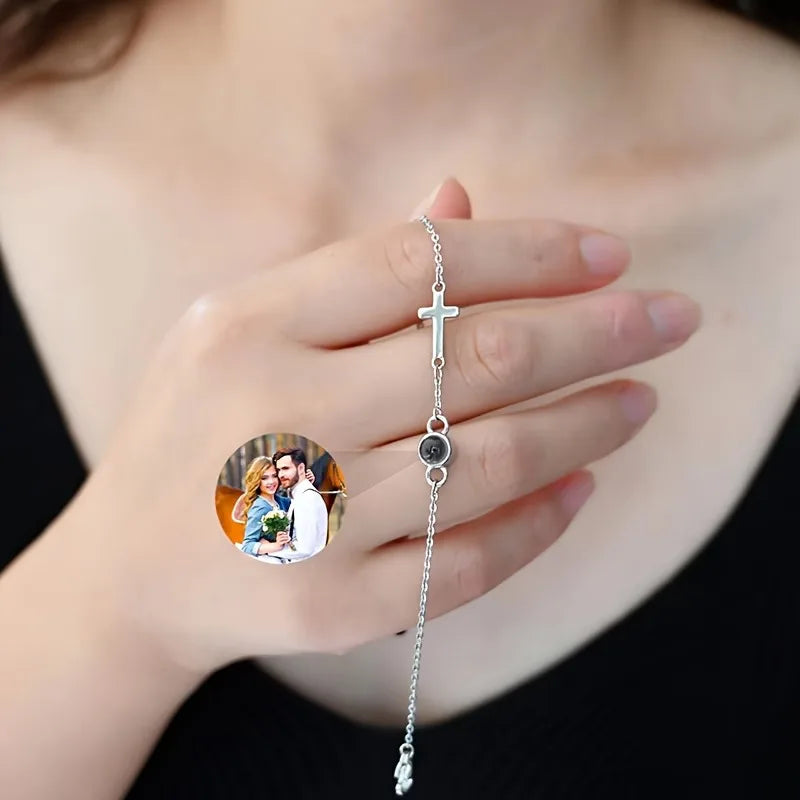 ❤️ Personalisiertes Foto-Projektionsarmband mit Kreuz aus Edelstahl – Individuelles Armband mit Bild