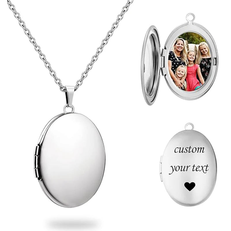 ✨ Personalisierte gravierte Blumen-Foto-Medaillon-Halskette – Ovale Erinnerungs-Halskette für Frauen
