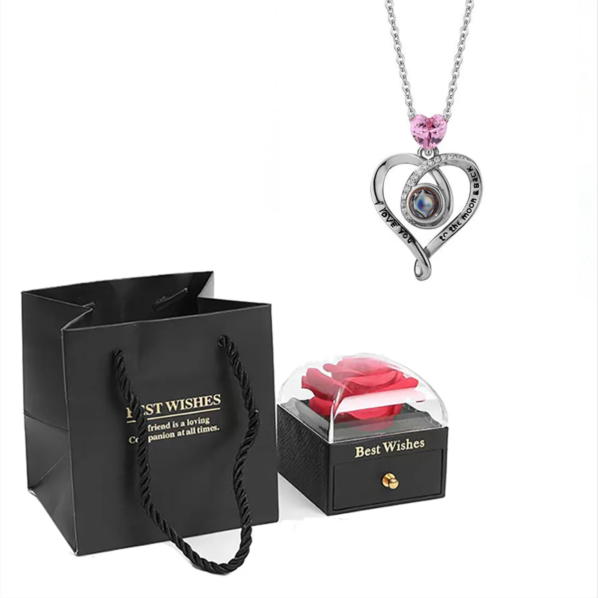 ❤️ Personalisierte Foto Projektions Halskette mit eigenem Bild – Herz Anhänger aus Edelstahl mit schwarzer Rosen Geschenkbox für Damen