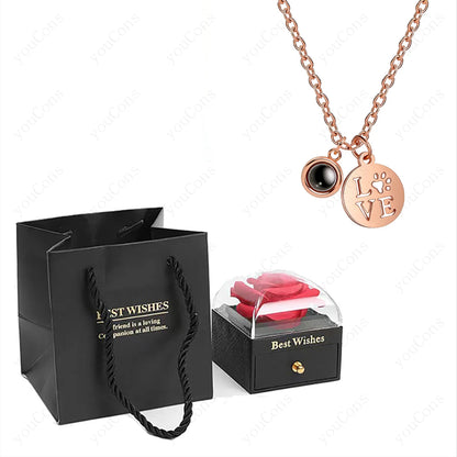 ❤️ Personalisierte Foto Projektions Halskette mit eigenem Bild – Herz Anhänger aus Edelstahl mit Rosen Geschenkbox für Damen