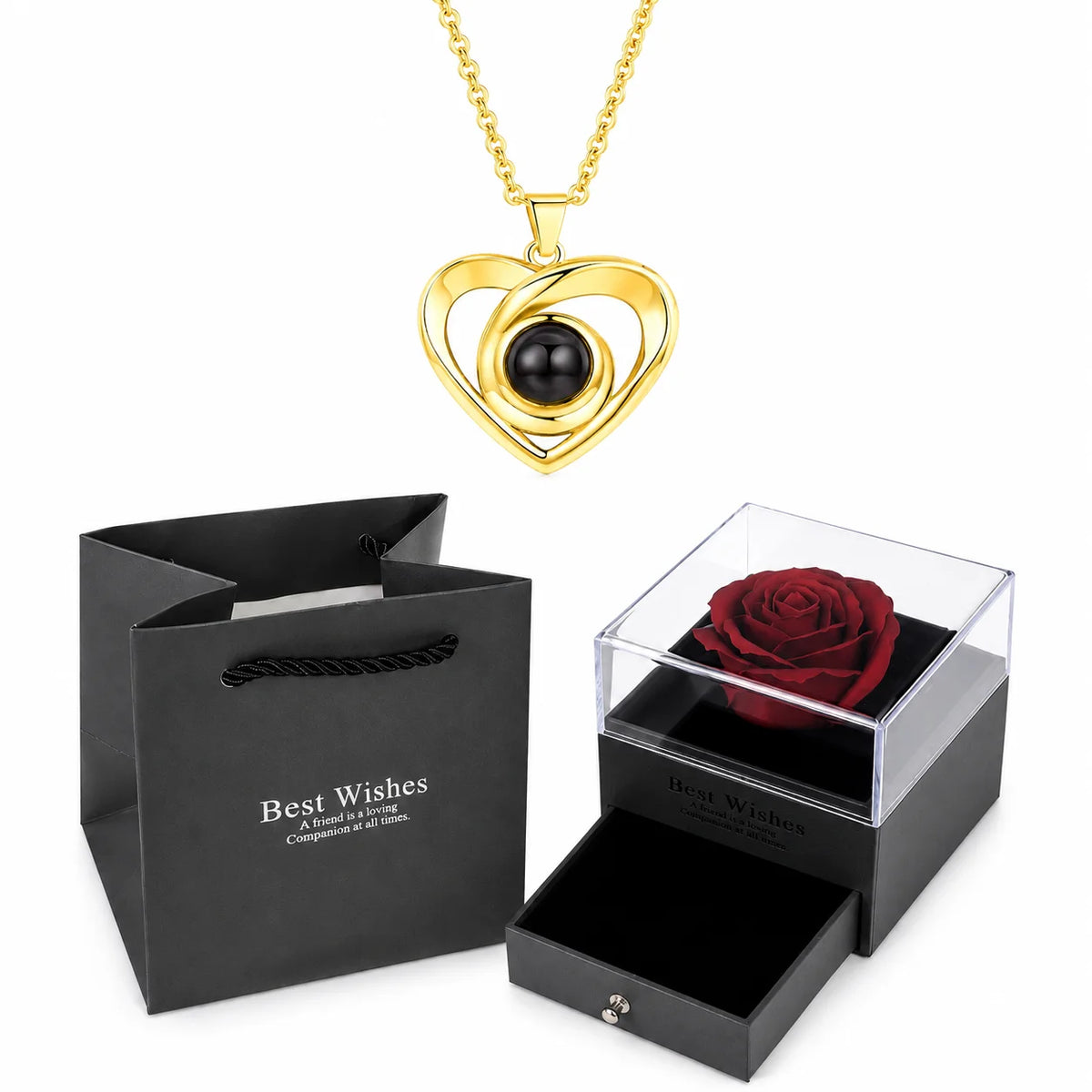 ❤️ Personalisierte Foto Projektions Halskette mit eigenem Bild – Herz Anhänger aus Edelstahl mit roter Rosen Geschenkbox für Damen
