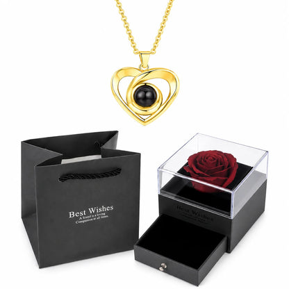 ❤️ Personalisierte Foto Projektions Halskette mit eigenem Bild – Herz Anhänger aus Edelstahl mit roter Rosen Geschenkbox für Damen