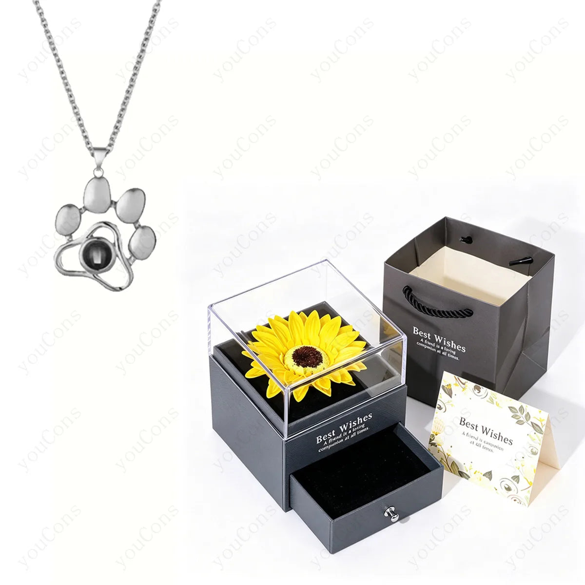 ❤️ Personalisierte Foto Projektions Halskette mit eigenem Bild – Edelstahl Anhänger mit Sonnenblumen Geschenkbox für Damen