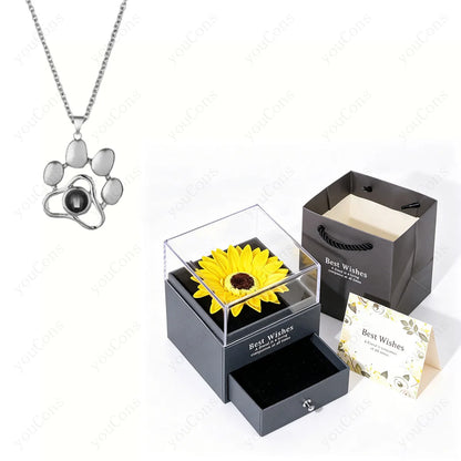 ❤️ Personalisierte Foto Projektions Halskette mit eigenem Bild – Edelstahl Anhänger mit Sonnenblumen Geschenkbox für Damen