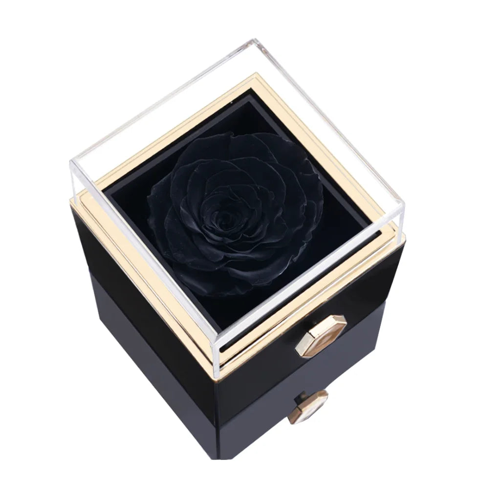 🌹 Ewige Rose mit personalisierter Namenskette – Doppelherz Geschenkbox mit Drehfunktion