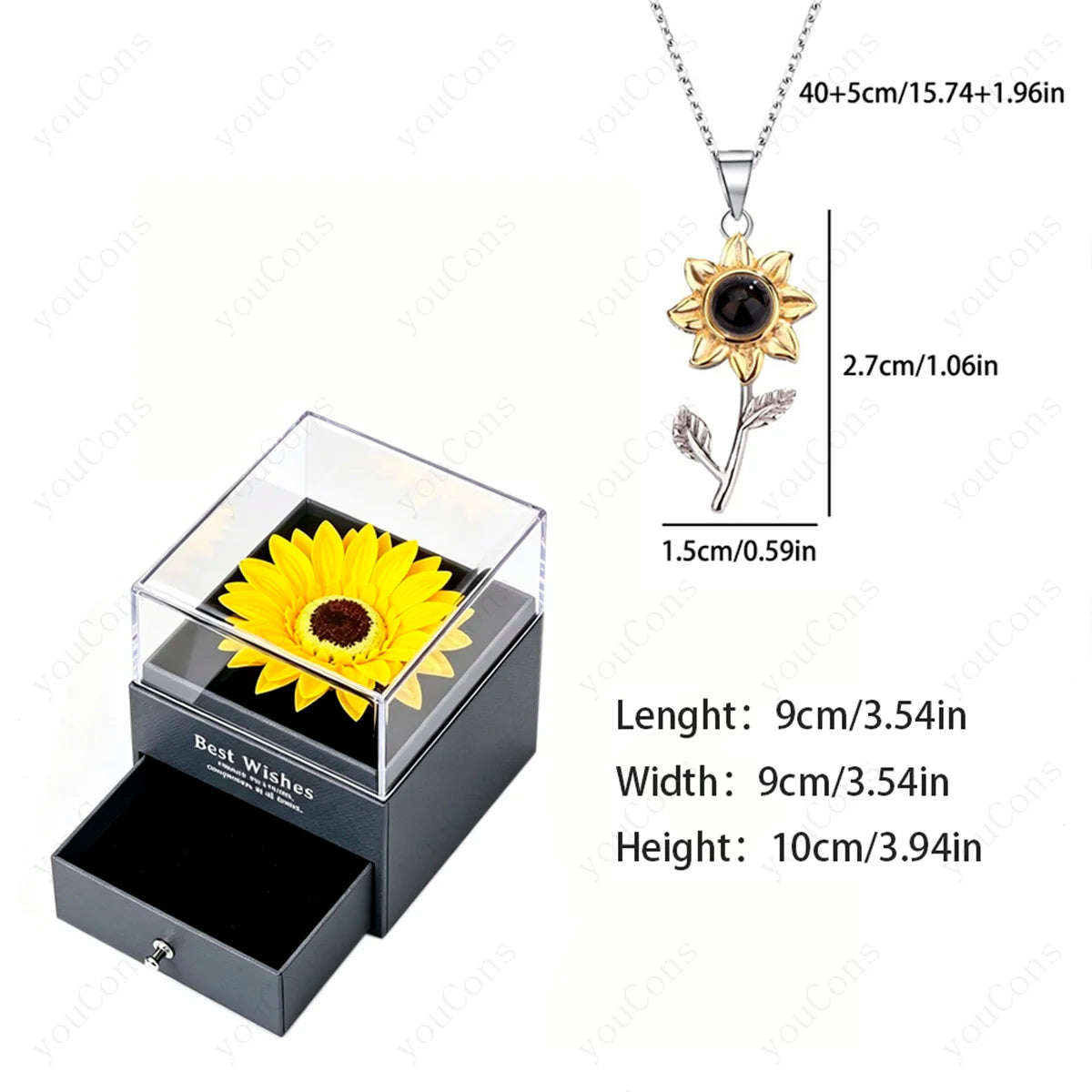 ❤️ Personalisierte Foto Projektions Halskette mit eigenem Bild – Edelstahl Anhänger mit Sonnenblumen Geschenkbox für Damen