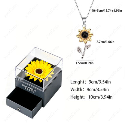 ❤️ Personalisierte Foto Projektions Halskette mit eigenem Bild – Edelstahl Anhänger mit Sonnenblumen Geschenkbox für Damen