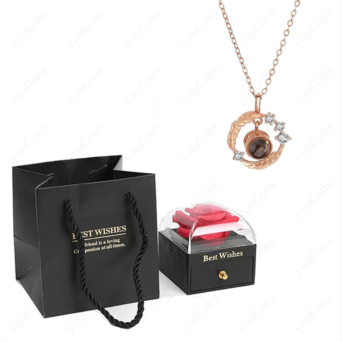 ❤️ Personalisierte Foto Projektions Halskette mit eigenem Bild – Herz Anhänger aus Edelstahl mit Rosen Geschenkbox für Damen