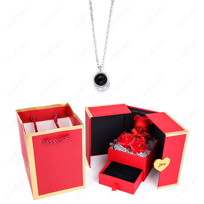 ❤️ Personalisierte Foto Projektions Halskette mit eigenem Bild – Herz Anhänger aus Edelstahl mit Bärchen Rosen Geschenkbox für Damen