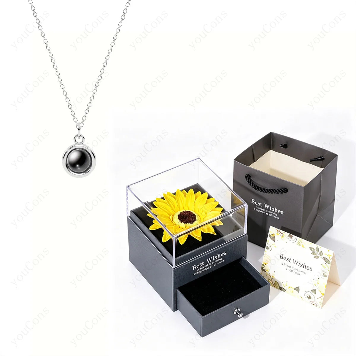 ❤️ Personalisierte Foto Projektions Halskette mit eigenem Bild – Edelstahl Anhänger mit Sonnenblumen Geschenkbox für Damen