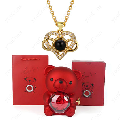 ❤️ Personalisierte Foto Projektions Halskette mit eigenem Bild – Herz Anhänger aus Edelstahl mit Bären Rosen Geschenkbox für Damen