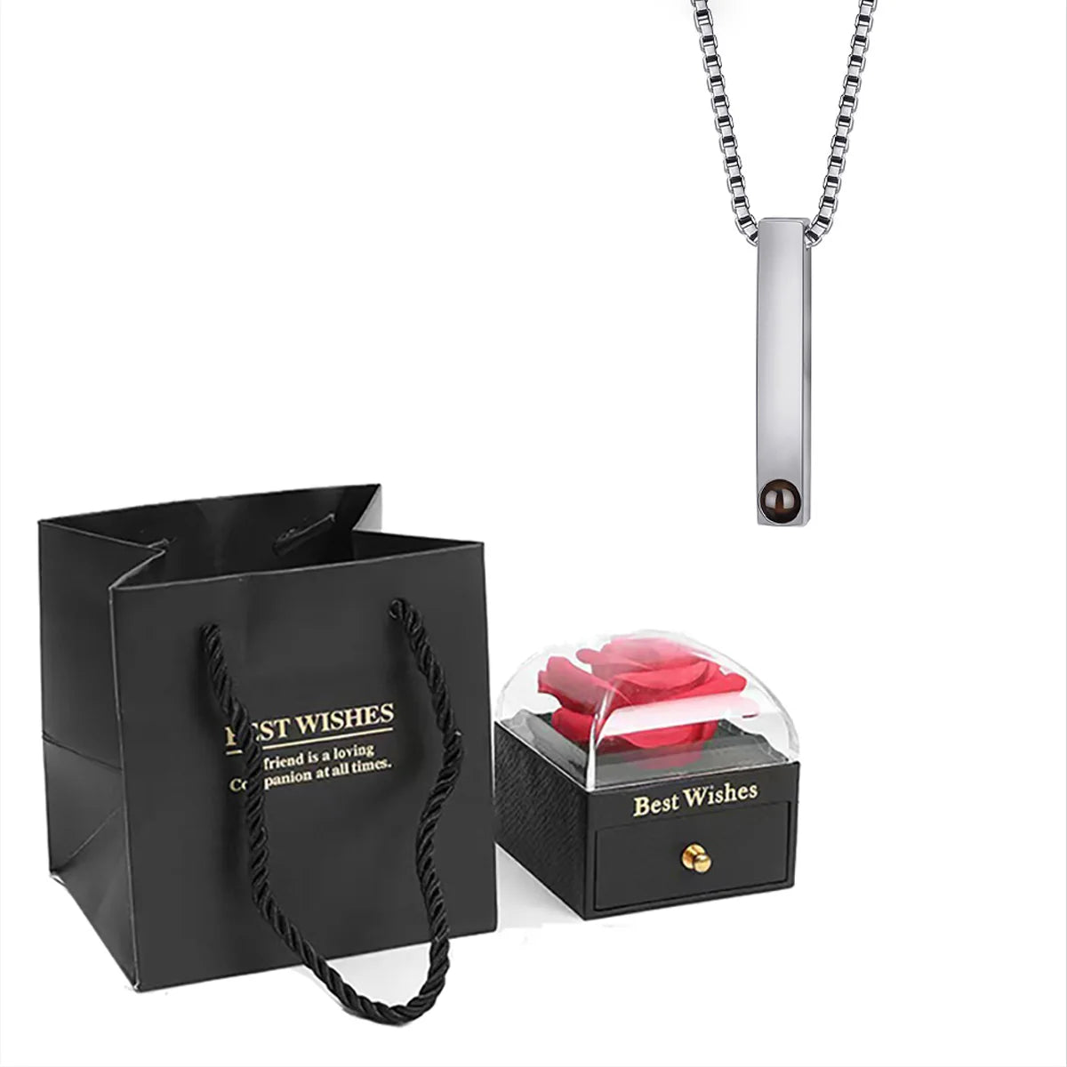 ❤️ Personalisierte Foto Projektions Halskette mit eigenem Bild – Herz Anhänger aus Edelstahl mit schwarzer Rosen Geschenkbox für Damen
